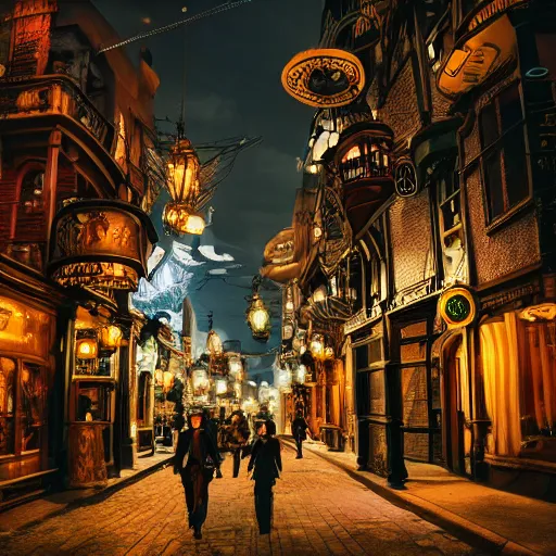 Image similar to a street level photo of a fantasy steampunk victorian city street, with people walking on the streets, at night, 4k, canon 5D