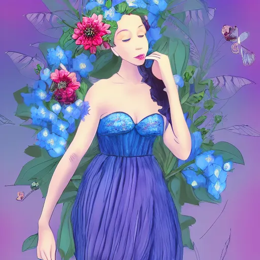 Image similar to a picture of a dreaming woman with flowers grow out of hair, roses peonies forget-me-nots dahlias lupins gladioli, sky theme in background, Digital Art, Trending on artstation