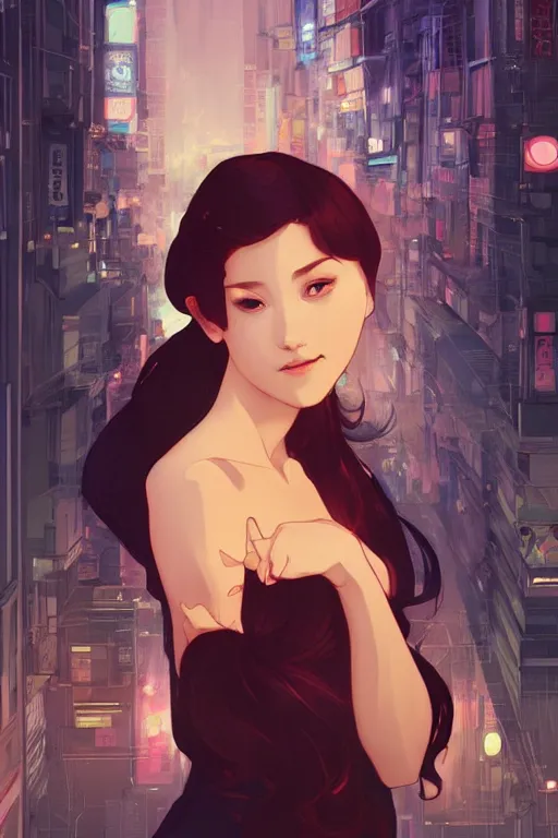 Image similar to A beautiful woman, tokyo at night, highly detailed, digital painting, artstation, concept art, smooth, sharp focus, illustration, art by artgerm and alphonse mucha, high definition digital art, in the style of Ross tran and ilya kuvshinov