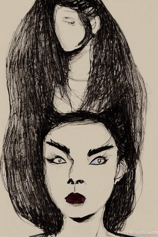 Image similar to ink lineart drawing of a beautiful trans woman, dark lips, white background, etchings by goya, chinese brush pen, illustration, high contrast, deep black tones contour