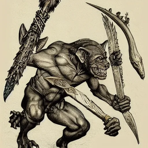 Image similar to dog-faced muscular goblin, ugly face, lizard tail, holding scimitar made of bone, hyper-detailed, primeval fantasy, prehistoric fantasy, drawn by Frank Frazetta