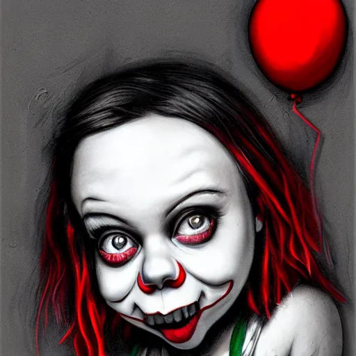 Image similar to surrealism grunge cartoon portrait sketch of billie eilish with a wide smile and a red balloon by - michael karcz, loony toons style, pennywise style, chucky style, horror theme, detailed, elegant, intricate