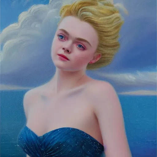 Image similar to professional painting of Elle Fanning in Santorini in the style of Delphin Enjolras, head and shoulders portrait, symmetrical facial features, smooth, sharp focus, illustration, intricate, stormy weather, extremely detailed masterpiece,