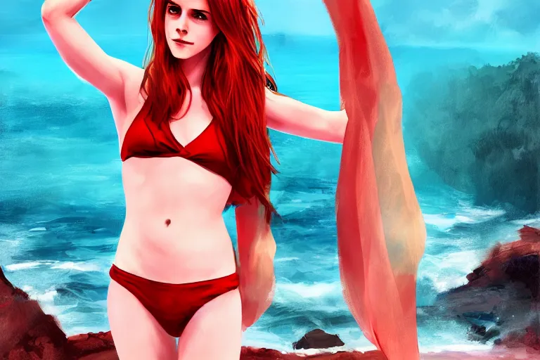 Image similar to Red-haired beauty Emma Watson in a bikini, full body, full height , highly detailed, mid-shot ,pixiv , digital painting , concept art