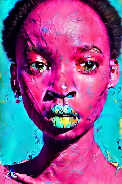 Image similar to portrait of a stylized african young lady, painted in acrylic, pigment textures, wet paint, in the colors hot pink and cyan, beautiful realistic face, rule of thirds, spotlight, by greg rutkowski, by jeremy mann, by francoise nielly, by van gogh, by ross tran, in focus