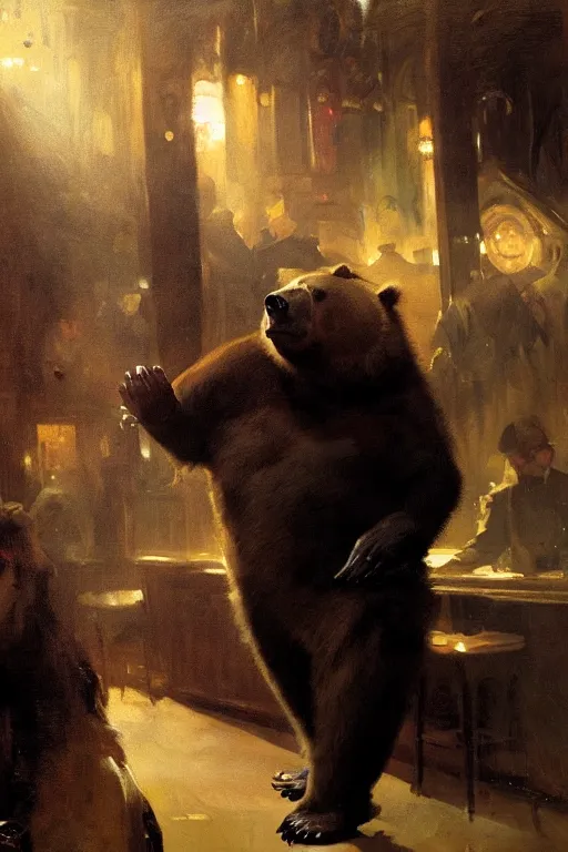 Image similar to portrait of professional gambling bear in the club by anders zorn, wonderful masterpiece by greg rutkowski, beautiful cinematic light, by greg manchess, jessica rossier