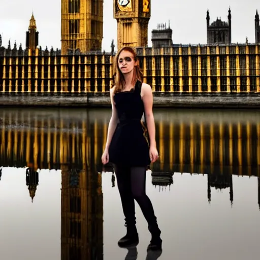 Image similar to Photograph of Emma Watson standing in front of Big Ben. Extremely detailed. Cinematic. 4K. Award winning photography.