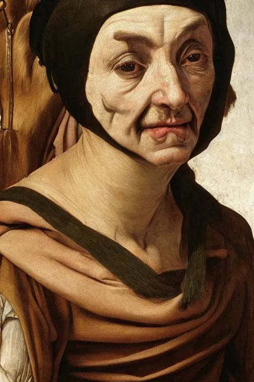 Prompt: hyperrealism extreme close-up portrait of medieval female with with leprosy, with mustache, pale skin, wearing cylinder hat, in style of Caravaggio