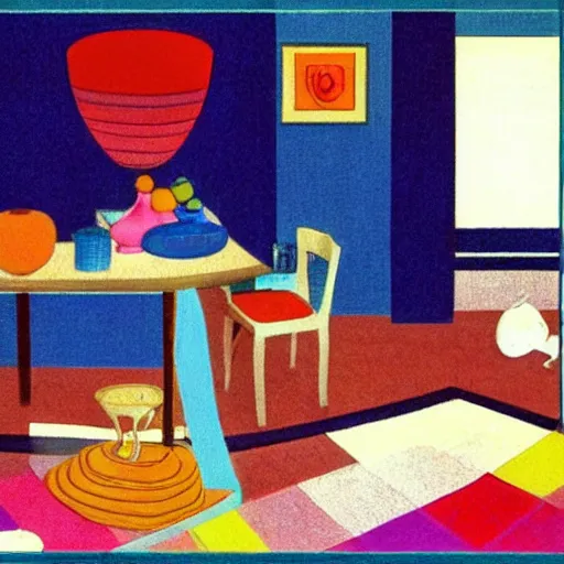 Image similar to A beautiful installation art harmony of colors, simple but powerful composition. A scene of peaceful domesticity, with a mother and child in the center, surrounded by a few simple objects. Colors are muted and calming, serenity and calm. stuckism, rendered in octane by Rumiko Takahashi, by Charles Robinson