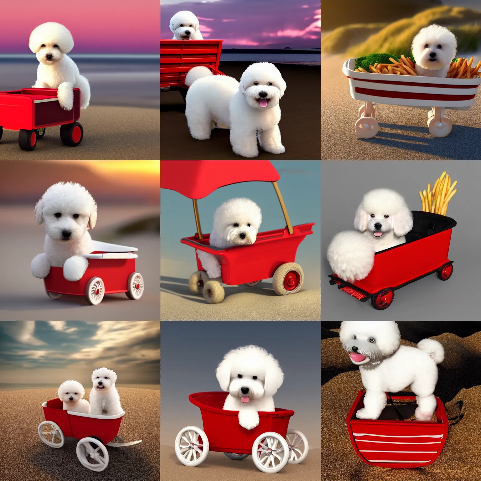 Prompt: a photorealistic photograph of a smiling white Bichon Frisé puppy riding in a little red wagon that is overflowing with french fries during sunset at the beach Trending on Artstation, featured on Behance, well-rendered, Unreal Engine, 4K HD
