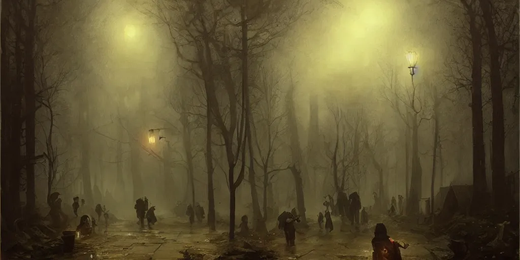 Image similar to streets of innsmouth during the night in a forest, lovecraftian atmosphere, people standing up in front of the house, mystical fog, oil on canvas, art by andreas achenbach, clemens ascher, tom bagshaw and sabbas apterus,