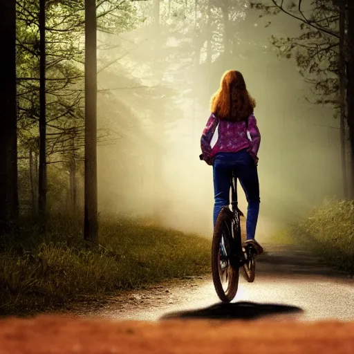 Image similar to Sadie Sink (Maxine Mayfield) from Stranger Things riding her bike in the middle of the street with forest in the background, looking straight ahead, her bike's flashlight illuminating the ground, realistic, extremely high detail, photorealistic, no shadows, 8k