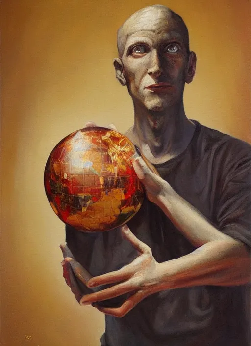 Image similar to a painting of a man holding a globe in his hands, a surrealist painting by Szymon Kot, deviantart, metaphysical painting, oil on canvas, surrealist, dystopian art,