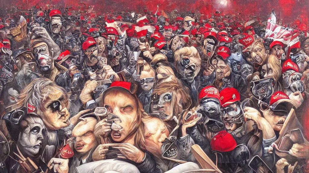 Image similar to a surreal painting by “ chris mars ” of a closeup view of the january 6 capitol riot led by “ donald trump ”. rioters are furious and are wearing red maga hats. highly - detailed contemporary artwork.