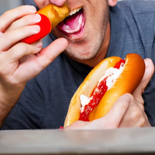 Prompt: stock photo of a man eating an hot dog,spilling sauce all over the place