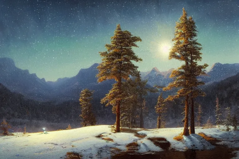 Image similar to mountains, trees, beautiful nature, winter, night, stars, very detailed, focused, cinematic lighting, oil painting, colorful, canvas, artstation, Sydney Mortimer Laurence, Albert Bierstadt