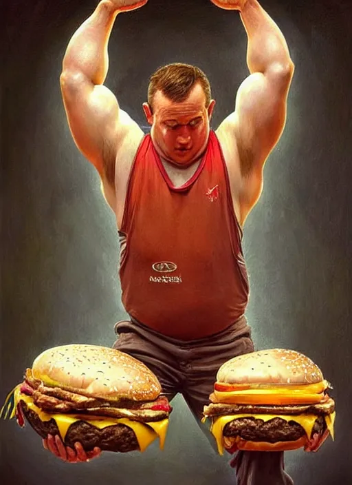 Prompt: an olympic weight - lifter attempting to lift a gigantic cheeseburger over his head, stunning painting, elegant intricate digital painting artstation concept art by mark brooks and brad kunkle and norman rockwell, extreme detailed