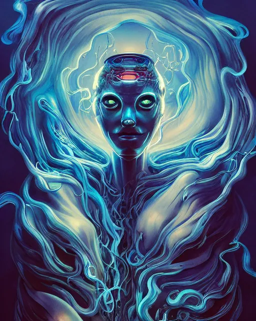 Image similar to robot head cloudy artificial consciousness, delirium, chaotic storm of twisting liquid smoke, by james jean, peter mohrbacher, anato finnstark, swirling fluid smokey enigma, radiant light