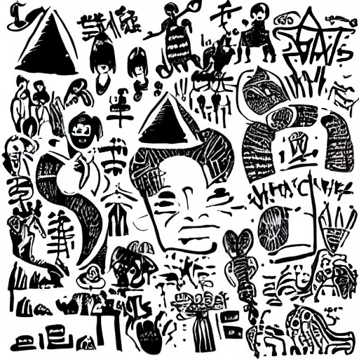 Image similar to black and white composition of a variety of seperate doodles, drawings, faces, symbols, cartoons, lineart, cave drawing, silhouette, tattoo, chinese ink brush, app icon