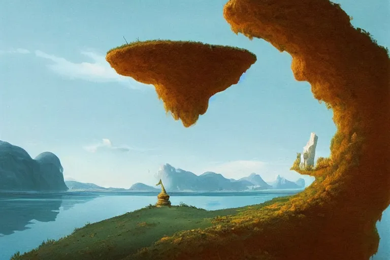 Prompt: A levitating island in the style of Dr. Seuss, painting by Raphael Lacoste