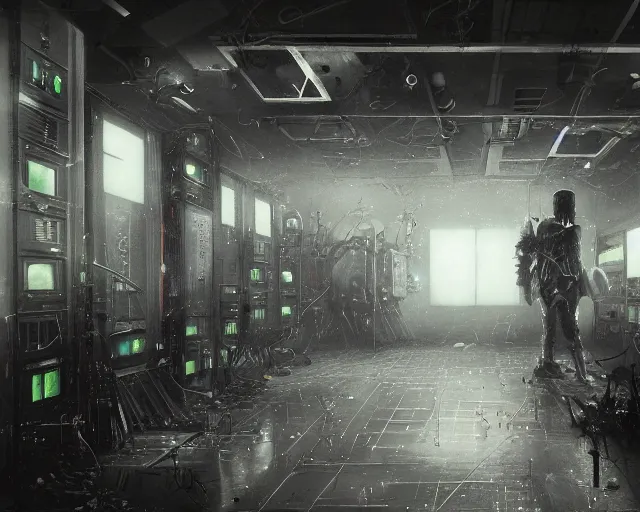 Prompt: gloomy colossal ruined server room in datacenter robot figure automata headless drone robot knight welder posing pacing fixing soldering mono sharp focus, emitting diodes, smoke, artillery, sparks, racks, system unit, motherboard, by pascal blanche rutkowski artstation hyperrealism cinematic dramatic painting concept art of detailed character design matte painting, 4 k resolution blade runner