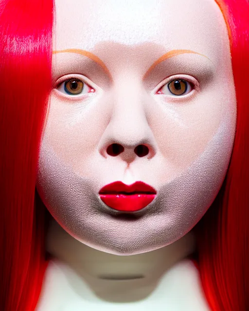 Image similar to symmetrical close - up portrait of a woman wearing a pink silicone beauty mask and red hair rolls, wearing a red bodysuit by alexander mcqueen, cream white background, biotechnology, humanoide robot, bjork aesthetic, translucent, by rineke dijkstra, masterpiece,