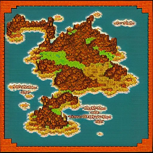 Prompt: fantasy rpg overworld map, three continents, 16-bit pixel