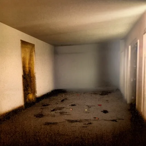 Prompt: a poorly developed photograph of a musty and moldy backroom dimly lit with volumetric lighting. moldy carpet dominates the floor while mysterious black finger paintings cover the walls