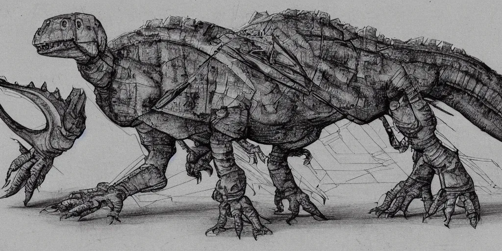 Image similar to leonardo da vinci's technical sketch of a robotic dinosaur, highly detailed