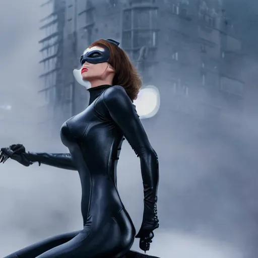 Image similar to real-life Catwoman, cinematic, Low angle, atmospheric fog and lighting, directed by Michael Bay, high detail, 8K, movie still