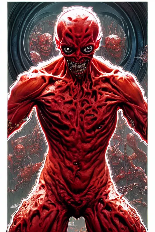 Image similar to the platonic ideal of cletus kasady carnage, detailed, intricate, hyperrealism, intense, scary by artgerm and greg rutkowski and alphonse mucha