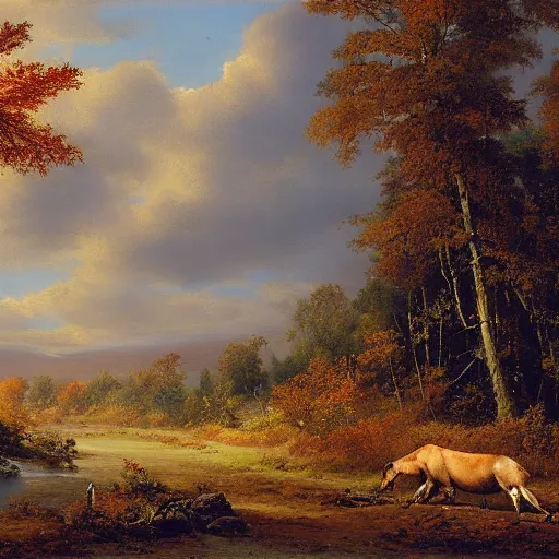 Prompt: autumn landscape, hunter moose, by thomas fearnley