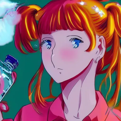 Image similar to beautiful woman drinking straight from liquor bottle, sprite, vaporwave nostalgia, directed by beat takeshi, visual novel cg, 8 0 s anime vibe, kimagure orange road, maison ikkoku, sketch by da vinci