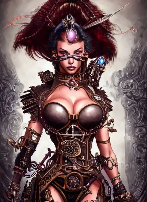 Prompt: front portrait of attractive Adriana Lima as Lady Mechanika with both hands hidden behind her back, Intrincate background with steampunk imagery , D&D!, fantasy style, sharp focus!, ultra detailed, art by Artgerm and Peter Andrew Jones, WLUP