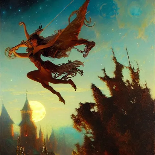 Prompt: witch flying, trough the night, fantasy, full moon in background. highly detailed painting by gaston bussiere, craig mullins, j. c. leyendecker 8 k