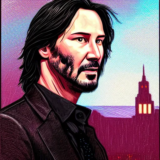 Prompt: Portrait of Keanu Reeves by dan mumford