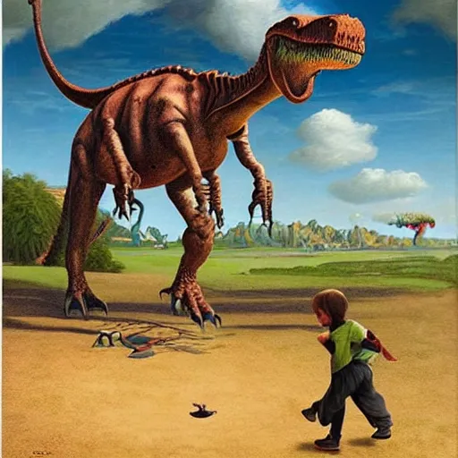 Prompt: dream a kid at the park walking a dinosaur with a leash, renaissance oil painting by George Lucas and Jarosław Jaśnikowski and Dan Mumford, hyperralistic, hyperdetailed