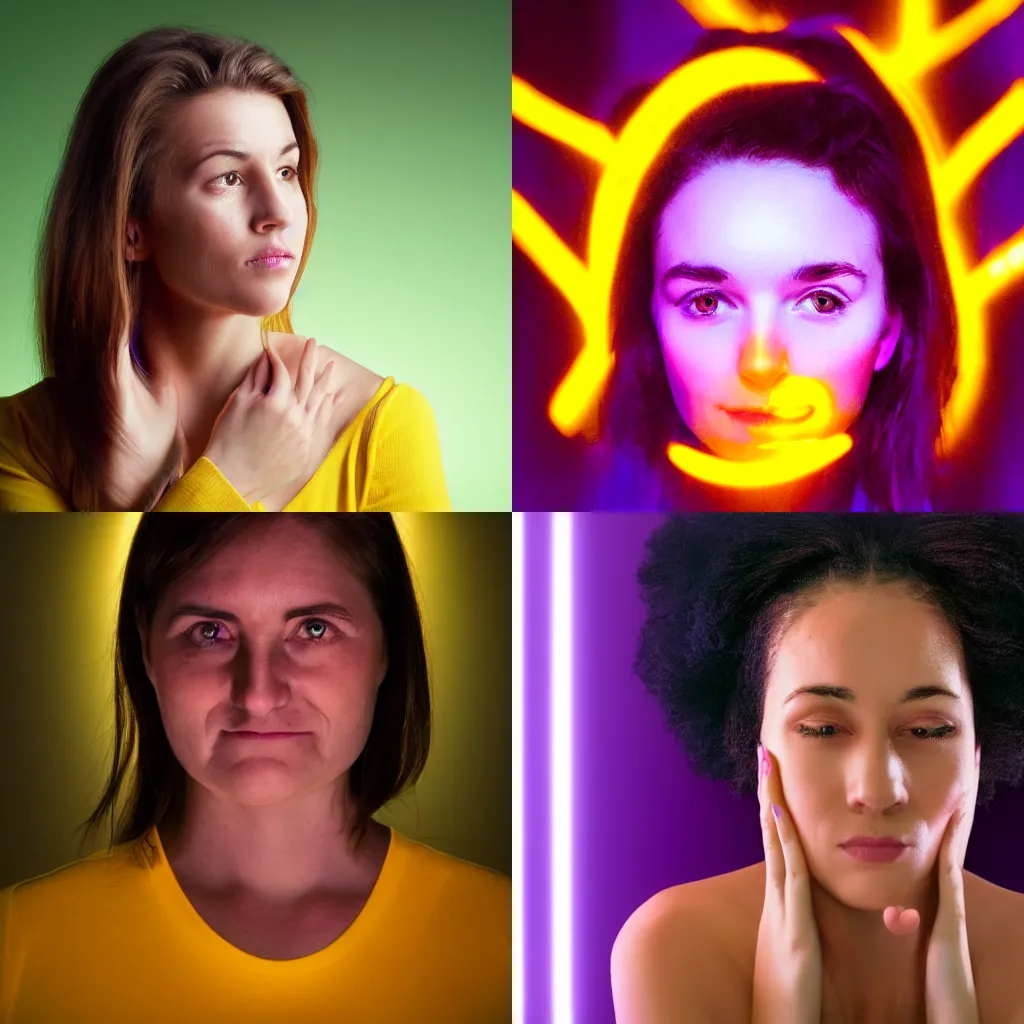 Prompt: Photo portrait of a woman. the face is illuminated by purple light for half of the face, the other half of the face is illuminated in yellow