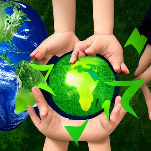 Image similar to earth ecosystem, children around the earth, recycle, hands around the earth