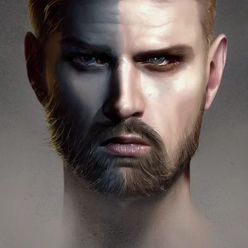 Image similar to portrait painting of a vampire police officer with pale skin short blond hair and a patchy beard, ultra realistic, concept art, intricate details, eerie, highly detailed, photorealistic, octane render, 8 k, unreal engine. art by artgerm and greg rutkowski