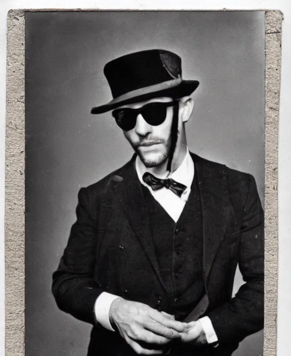 Prompt: a vintage photo medium shot of a man wearing a round bowler and sunglasses. very coherent.