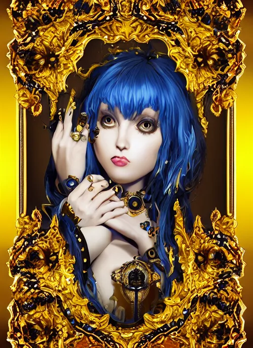 Image similar to baroque bedazzled gothic royalty frames surrounding a pixelsort rimuru tempest smiling, sky blue straight hair, bangs, with amber eyes, yellow golden eyes, wearing a black maximalist spiked jacket, high collar, ultra detailed, concept art, digital painting, pretty, cinematic, wlop artstationin wonderland, sharpened early computer graphics, remastered chromatic aberration