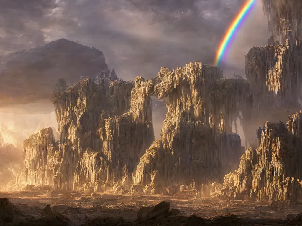 Image similar to giant crystal palace complex on an alien planet, rainbows, vivid color, highly detailed, intricate, by Raphael Lacoste, Eddie Mendoza, Alex Ross, Pilar Gogar, matte painting, 8K HDR