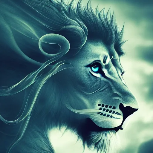 Image similar to a beautiful detailed 3 d matte portrait of a lion made of whirling dark smoke, ominous, dark cloud, magical realism, texture, intricate, skull, skeleton, whirling smoke radiant colors, fantasy, volumetric lighting, high details