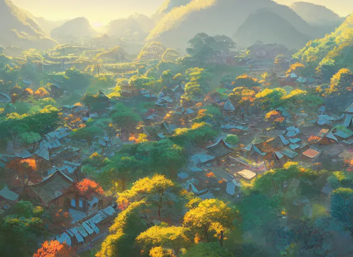 Image similar to concept art painting of a small woodland village in a valley seen from above, european japanese buildings, early morning, cel shaded, detailed, realistic, by makoto shinkai and moebius and anton fadeev and james gurney