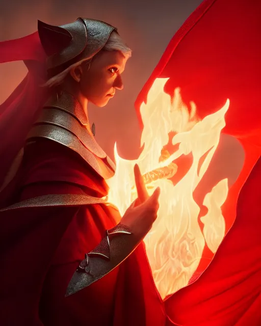 Image similar to close up character portrait of a female elf priest in a scale mail and a red cape casting a fire spell in a shape of a dragon, by greg rutkowski, trending on artstation, unreal engine 4 k, 8 0 mm, 8 5 mm, cinematic wallpaper