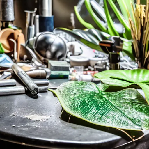 Image similar to A close-up shot of a metal table with laboratory tools and materials in an abandoned biopunk laboratory, plants everywhere, jungle themed, monstera, life,