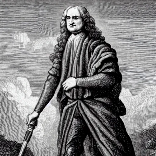 Image similar to an engraving of sir isaac newton as a jedi knight