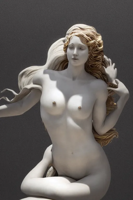Prompt: Marble Sculpture of Aphrodite rising out of the sea in a clam shell, photorealistic, volumetric lighting, inspired by The Birth of Venus by Sandro Botticelli, trending on artstation.
