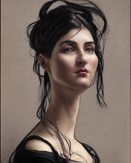 Image similar to portrait of a tall 4 0 - year - old woman with thin lips, long, lush black hair gathered on the head bun, and thick eyebrows, wearing in black clothes, aristocratic appearance, hyper realistic face, beautiful eyes, close up, fantasy art, in the style of greg rutkowski, intricate, alphonse mucha, hyper detailed, smooth